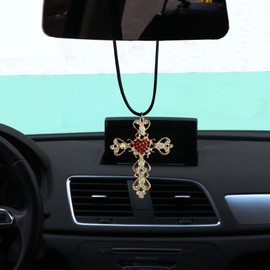 Feihuaer Cross Car Rearview Mirror Accessories, Christian Jesus Cross Car Hanging Interior Ornament, Metal Car Pendant Charms for Home Decoration Keepsake Car Lucky Present for Men Women (Red)