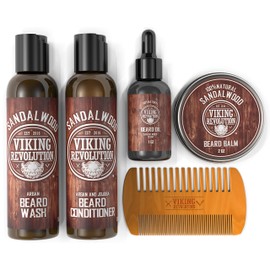 Viking Revolution Ultimate Conditioner for Men's Beard Grooming - Softens, Smoothes and Soothes Beard Itch- Contains Wash, Conditioner, Oil, Balm and Comb- Sandalwood Scent