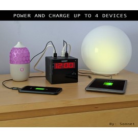 Sonnet Alarm Clock Charging Station, Bluetooth Speaker, AM FM Radio, Dual USB Charging Ports, Dual AC Outlets, Very Loud Alarm Clock for Heavy Sleepers and The Hearing Impaired for Desk, Bedroom