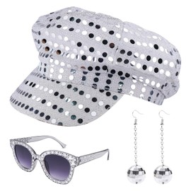 3 Piece Set Abba Fancy Dress Costume, Abba Outfits for Women, Abba Accessories with Sequins Hat Sunglasses Earrings Disco Costume Set for Women Theme Party Birthday Dance