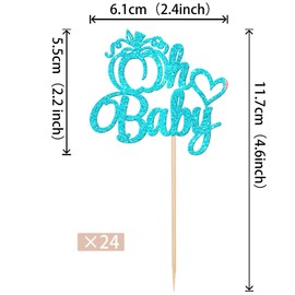 24 piezas de decoración de cupcakes de calabaza Oh para bebé con purpurina de corazón con temática de otoño para baby shower para otoño, Acción de Gracias, baby shower, niños, fiesta de cumpleaños, decoración de pasteles, color azul
