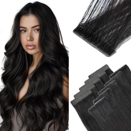 Benehair Injected Tape in Hair Extensions Human Hair Seamless Skin Weft Real Remy #1 Jet Black Tape in Hair Extensions 10 Pcs Invisible Natural 12 Inches (20g)
