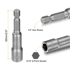 sourcing map 5pcs Hex Nut Driver Drills Bit 5/16" 6-Point Socket 1/4" Hex Shank Nut Setter CR-V Steel Quick-Change Nut for Power Drill Impact Drivers, Silver Tone