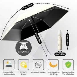 Moorrlii Automatic Mini Travel Umbrella, Windproof, Foldable, UV Protection, Instant Open/Close for Rain/Sun, Small, Compact, Lightweight Design, Fits in Carry Bag/Travel Bag, White