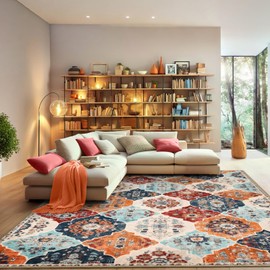 FLYRUGGO Area Rug for Living Room, 6x9 Washable Boho Bedroom Throw Rugs, Moroccan Trellis Bohemian Ultra Soft Large Non-Slip Carpet for Dining Room Office Bedroom - Orange/Multi