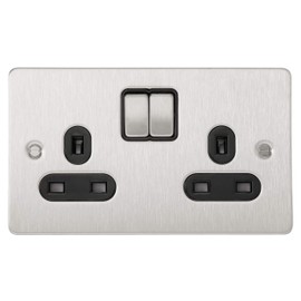 Schneider Electric GU3220DBSS Ultimate Flat Plate, Stainless Steel with Black Insert, Switched Double Power Socket, Double Pole, 13 A