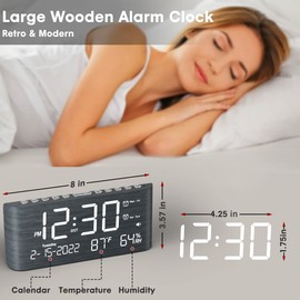 Wooden Alarm Clock,Digital Clock with Large LED Display,Temperature/Humidity/Date/Week, Dual Alarms for Workday/Weekend, 2 USB Charging Ports, Dimmer, Calendar Alarm Clocks for Bedrooms Office Kids