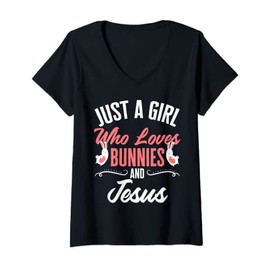 Womens Just A Girl Who Loves Bunnies And Jesus Bunny Easter Rabbit V-Neck T-Shirt