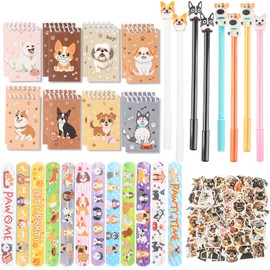 Phlognfy Dog Party Gifts, Dog Children's Birthday Gifts, with 8 Spiral Notepad, 8 Neutral Pens, 50 Stickers, 12 Clap Bracelets, for Girls Boys Theme Party Bags