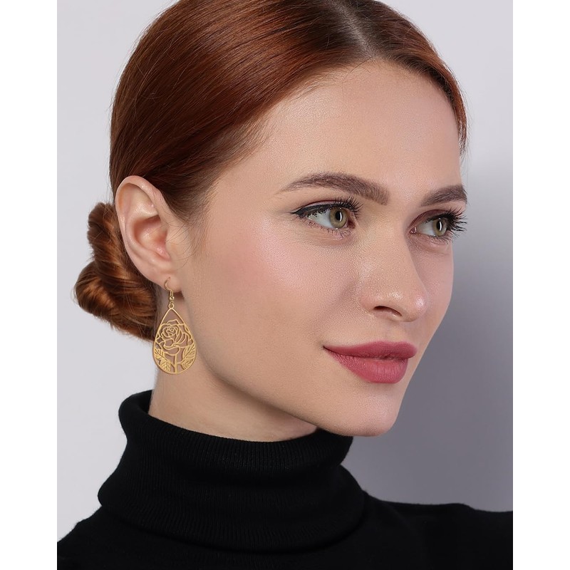 Teppdfann Gold Plated Rose Flower Filigree Teardrop Dangle Earrings Vintage
