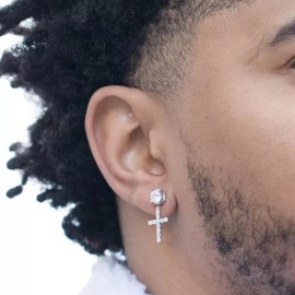 Street Knitted Round Cz Iced Sterling Silver Stud Cross Dangle Drop Hoop Earrings For Men