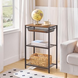 HOOBRO 28.7 Inch Tall Side Table, 3-Tier Industrial Telephone End Table with Adjustable Metal Mesh Basket, Desk Side Table with Storage Shelves, for Living Room, Bedroom, Rustic Brown BF06DH01