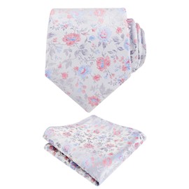 Alizeal Mens 3.15inches Light Color Rustic Tie with Flower Printed Handkerchief, Silver+Pink+Blue