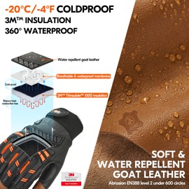 Vgo... -20℃/-4°F Insulated Work Gloves Winter Work Gloves Freezer Glove Insulated Waterprooof Work Gloves Full Goat Leather Work Gloves 1Pair GA8954FW(Orange,XXL)