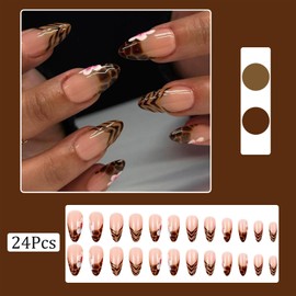Leopard Print French Tip Press on Nails Medium Almond Fake Nails with Flower Design Brown Full Cover Gel False Nails Glue on Nails Full Cover Stick on Nails Acrylic Nails for Women Manicure 24Pcs