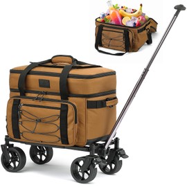 Extra Large Wheeled Portable Cooler Bag 85 Cans Double Deck Heavy Duty Rolling Insulated Cooler with All-Terrain Wheels Leakproof Tactical Soft Sided Cooler for Beach Camping Picnic Travel, Brown