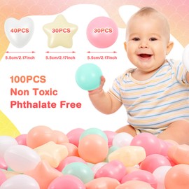 RoundFunny 100 Pieces Ball Pit Balls for Kids Star Heart Shape Plastic Balls for Toddler Playpen 2.17'' Play Toy Ball for Inflatable Pool Friendship Bracelet Birthday Banner T-Swift-Themed Party