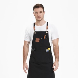 FunChaos Black Canvas Aprons, Work Aprons for Men Women, Chef Aprons with Adjustable Strap and 3 Pockets, Apron for Servers Kitchen Cooking Baking Artist Painting, Cross Back