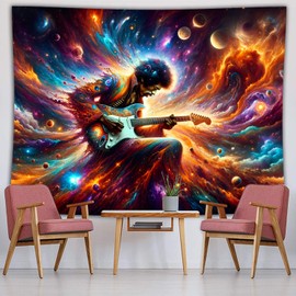 riplox Blacklight UV Reactive Artist with guitar playing rock concert tapestry,Space tapestries for art Wall Hanging Living Room Dorm Dark party backdrop Décor (79"x59")