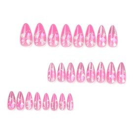 Almond Press on Nails Medium Fake Nails Glitter with Heart Design Pink False Nails Acrylic Full Cover Artificial Nails Glossy Glue on Nail Valentine Stick on Nail for Women 24Pcs