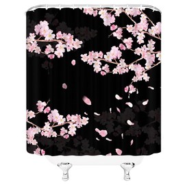 YSSFAV Cherry Blossom Shower Curtain Pink Plum Flower Asian Japanese Aesthetic Black Bathroom Decor Curtains Set with Hooks, 70" W x 70" H