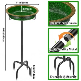 YALINKA 38In Metal Bird Bath for Outside, Vintage Freestanding Birdbaths & Birdfeeder, Detachable Decoration Spa Bird Feeder for Outdoors Garden Patio Yard Lawn, 4 Spiky Feet(Green)