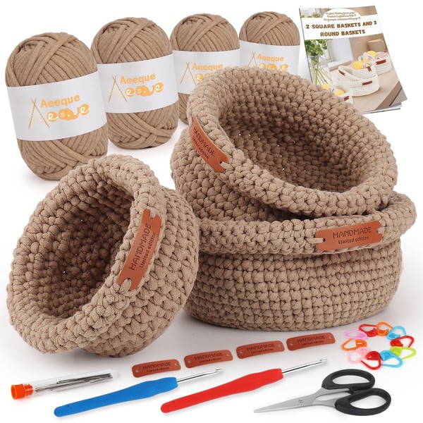 Aeeque 3-Piece Baskets Crochet Set, Round Crochet Baskets, Crochet Set