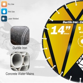 14" Ductile Iron Premium Turbo Diamond Blade Laser Welded - for Cutting Cast Iron Pipe, Ductile Iron Pipe, Concrete Water Mains, Ductile Iron