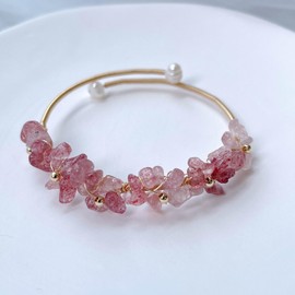 Natural Crystal Flower Cuff Healing Bracelet Bangle | Amethyst Aquamarine Peridot Tourmaline Strawberry Quartz Crystal Chip Bracelet (Strawberry Quartz)