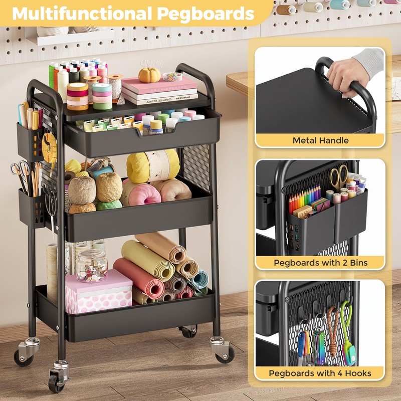 3 Tier Metal Rolling Cart with Drawer, Black Utility Storage