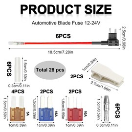 8pcs Mini Fuse Holder Adapter,12V/24V Add-a-Circuit Fuse Tap Kit with Heat Shrink Terminals, Micro 2 Blade Fuse Holder & Wire Harness, Includes 8 Micro 2 Fuses (5A/10A/15A) and Fuse Puller