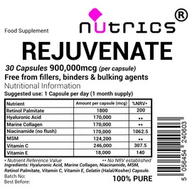 Nutrics® REJUVENATE 900 Retinol A Hyaluronic Acid Marine Collagen Niacinamide MSM Vitamin C & E 30 Capsules (1 Month Supply) - 100% Pure No fillers (30)