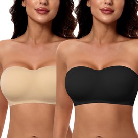DOCUMO Strapless Bras for Women Padded Bandeau Bra Non-Slip Silicone Seamless Wireless Comfy Tube Top 2 Packs (Black + Beige, X-Large)