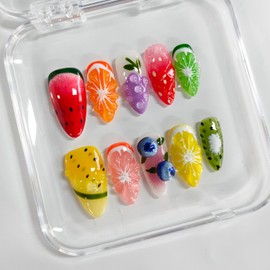 Handmade Nails 3D Fruit Almond Press on Nails Medium Length Summer Thick Acrylic Fake Nails Cute False Nails with Strawberry Kiwi Blueberry Designs Colorful Nail Art Press on Nails 10Pcs(M)