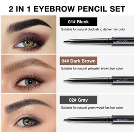 5 Pcs Dual-Sided Auto-rotate Ultra-Fine Tip Eye Brow Pencils Pack,Draws Tiny Precise Brow Makeup, Defines, Fills Brows, Shapes, Contours, Combs, ‌1mm Pen Point (Black+3*Milk Tea+Gray)