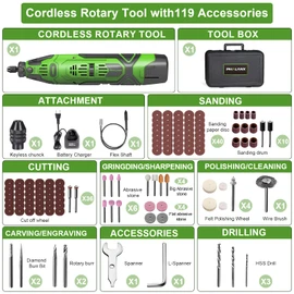 PHALANX 12V Cordless Rotary Tool Kit with Keyless Chuck, 6-Speeds 5000-32000RPM, 119 Accessories with Flex Shaft, Idea for Cutting, Grinding, Wood Carving- Include 2.0AH Battery, Charger (Renewed)
