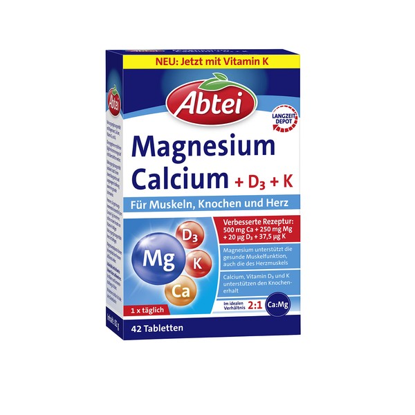 Abtei Magnesium + Calcium + D3 + K - Dietary Supplement with Long-Term Depot to Support Muscles, Bones, Heart and Nervous System - 1 x 42 Tablets