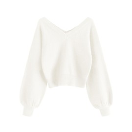 ZAFUL Women's Cropped Sweater V-Neck Long Sleeve Crop Sweater Pullover Jumper Knit Top (1-Pure White, S)