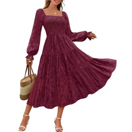 MEROKEETY Women's Fall Long Sleeve Floral Midi Dress Smocked Ruffle Tiered Square Neck Wedding Guest Dresses Pockets, Wine, Large