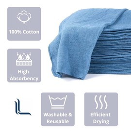 Linteum Textile Shop Towels Multipurpose Cleaning Rags - Blue (Pack of 50) 12"x14" - 100% Cotton Shop Rags - Super Absorbent Cleaning Cloths for Automobiles, Mechanic, Garage, Industries & Home