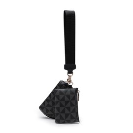 Veki Keychain Wallet Wristlet for Women, Mini Detachable Dual Coin Purse Pocket Key Chain Wallets, Portable Small Clippable Card Pouch, Zip Around Key Ring Wallet Clip Pouch (Black Pattern)