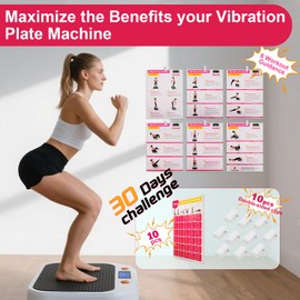 Vibration Plate Exercise Machine Poster - Upgraded 6 Workout Guidance & 10 Pcs Planner & 10 Pcs Double-Sided Clips, Comprehensive Whole Body Wave Vibrating Workout Chart, Pink