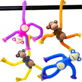 YAHAZORR Pop Tubes Monkey Toys for Kids, 4 Pack Telescopic Suction Cup Fidget Toy for Autism Sensory Toys for Travel Classroom Teature Box Stuffers Back to School Gifts Party Favors Bulk Toys