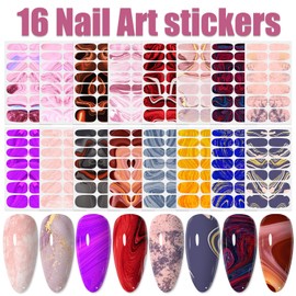 WOKOTO 16 Sheets Marble Design Full Nail Wraps for Women Girls Nail Polish Stickers for Nails Gradient Gel Polish Strips Stickers Nails for Women Girls Gel Nail Stickers Stick On Nails Color Strips