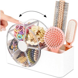 Organizador de accesorios para el cabello con estuche giratorio de 5 secciones Soporte para peine de 2 ranuras y cepillo para el cabello Lindo cajón de tocador para el baño para horquillas, clips