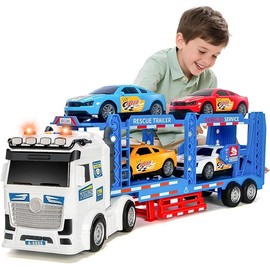 BainGesk Semi Truck Toys Car for 3, 4, 5, 6, 8 Years Old Boys Girls, Adjustable Double Decker Carrier Truck with Light & Sound, Car Hauler with Trailer Toy, Large Transport Toy Gifts for Toddler
