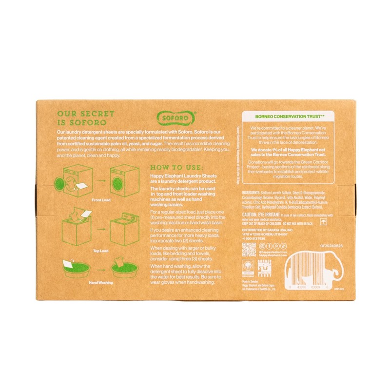 Happy Elephant Laundry Detergent Sheets, Fragrance Free, Natural Biodegradable Laundry