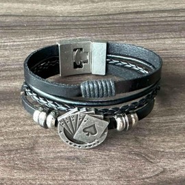 VJOSA Punk Rock Vintage Alloy Playing Card Poker Bead Braided Multi Layer Pu Leather Cuff Bracelet(Black)