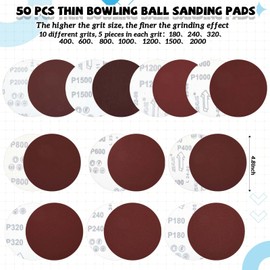 Maitys 50 Pcs Bowling Ball Sanding Pads Bulk 5 Inch Bowling Ball Sanding Pads 80, 240, 320, 400, 600, 800, 1000, 1200, 1500, 2000 Resurfacing Polishing Cleaning Kit
