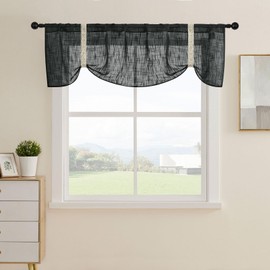 Home Queen Burlap Tie Up Curtain Valance for Kitchen Window, Semi Sheer Linen Texuture Valence with Adjustable Strap, 54" W X 18" L, Black